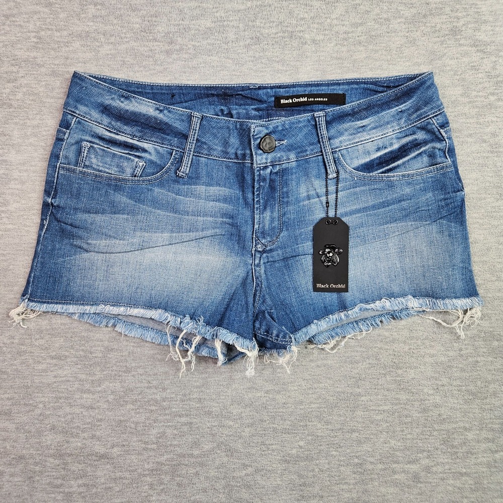Black Orchid Denim Shorts Women Low Rise Distressed Frayed Hem Blue NWT Sz 31